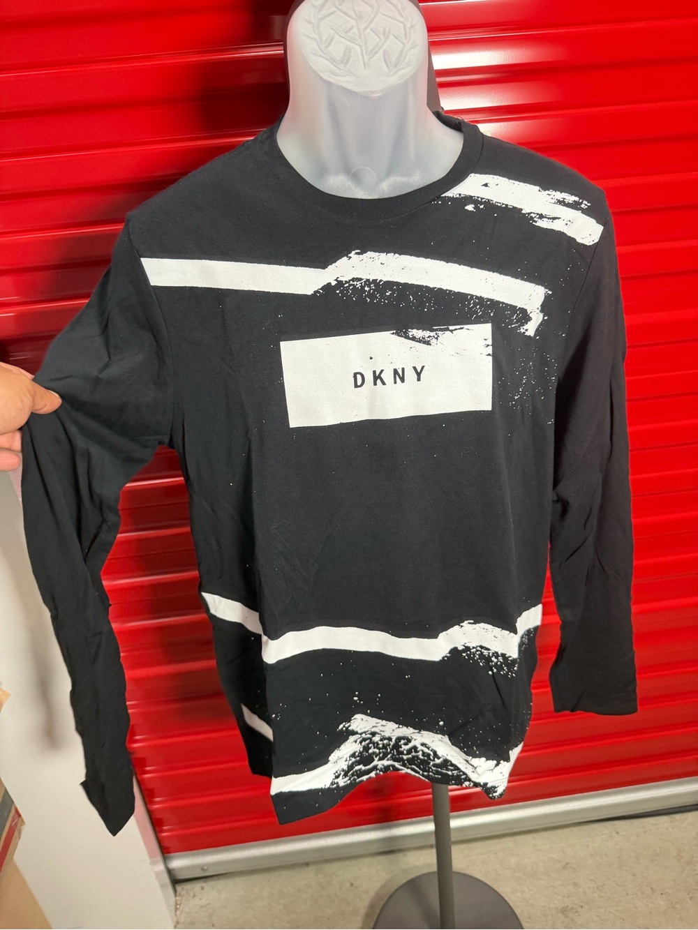 DKNY Black Long-Sleeve Graphic Crewneck with White Brushstroke Design
